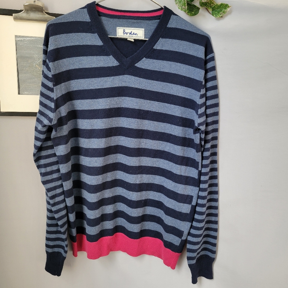 Boden Wool Blend V‎ Neck Stripe Pullover Sweater Blue Pink XS